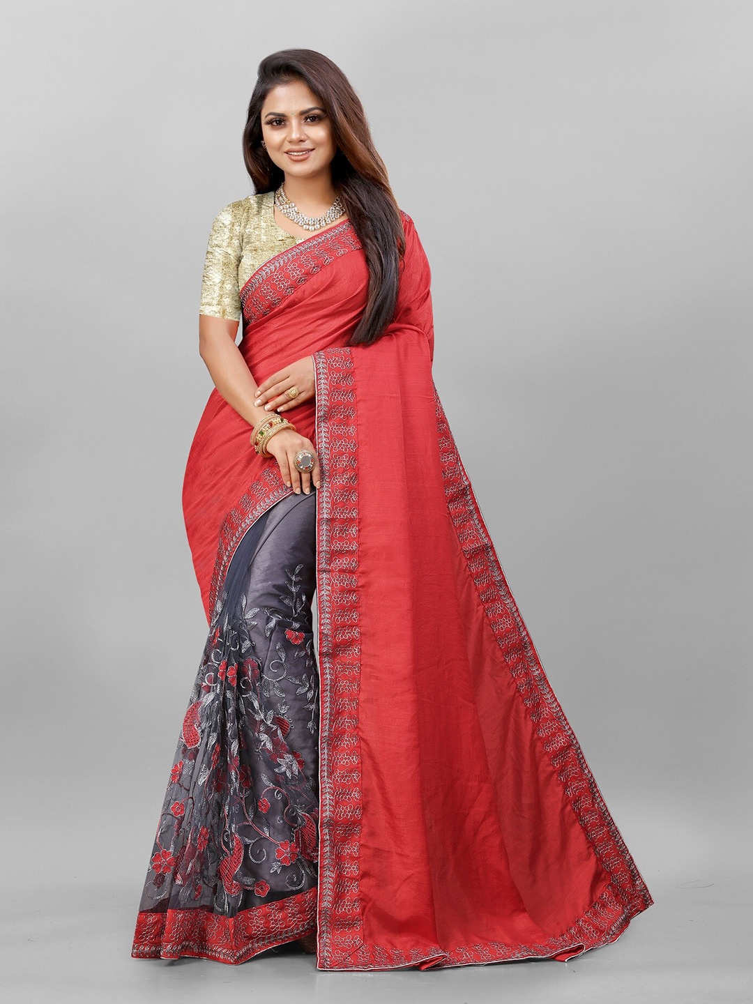 

APNISHA Floral Half and Half Saree, Red