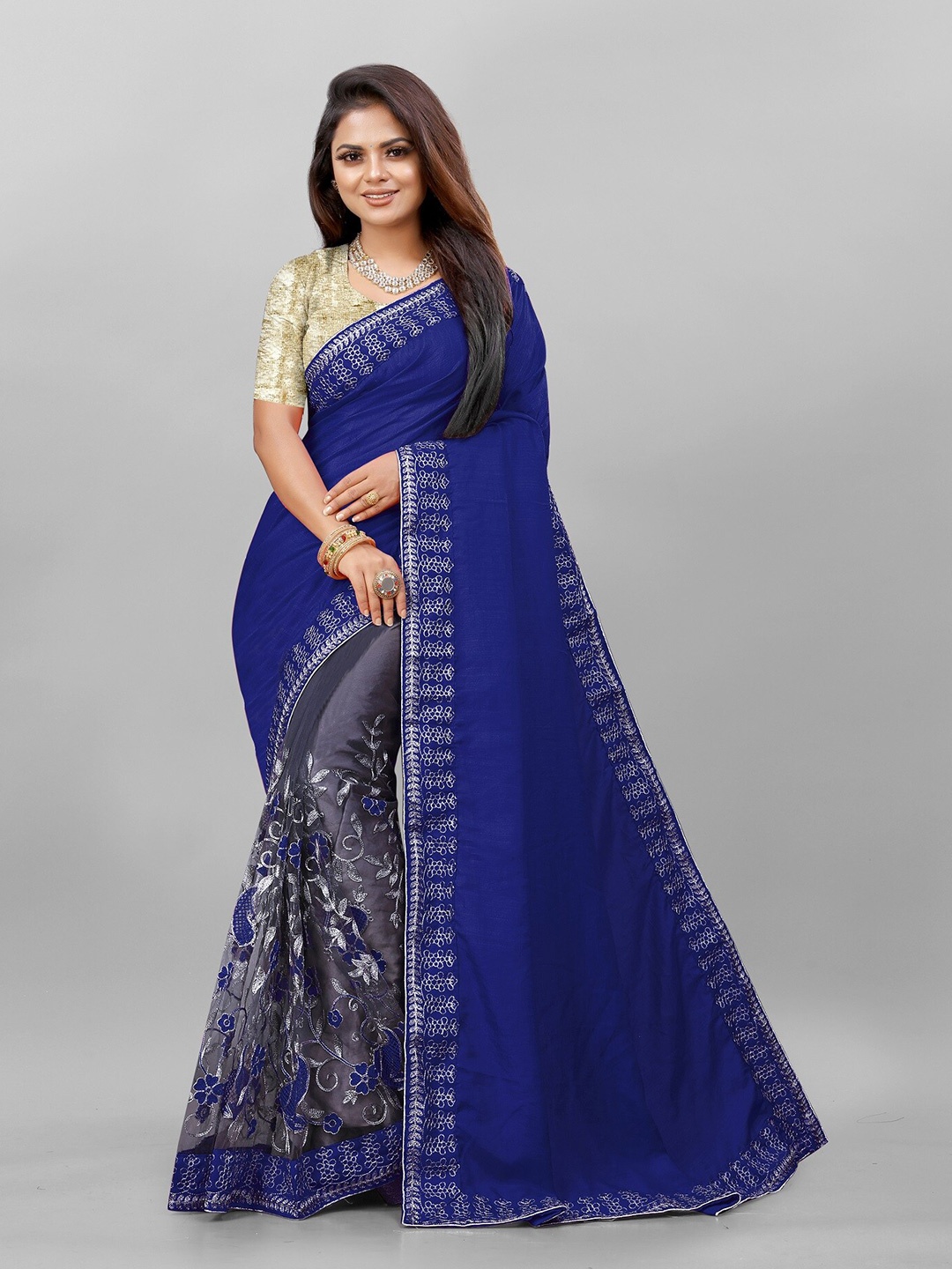 

APNISHA Floral Half and Half Saree, Blue