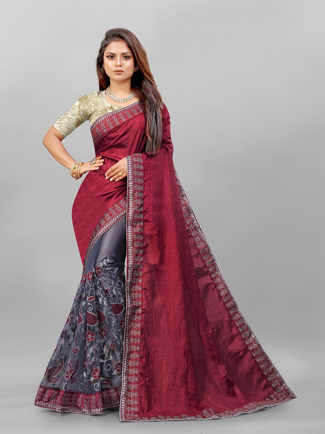 

APNISHA Floral Half and Half Saree, Maroon