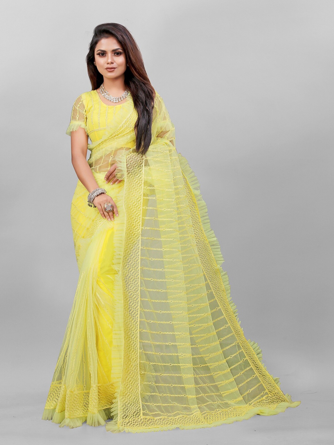 

APNISHA Striped Net Saree, Yellow