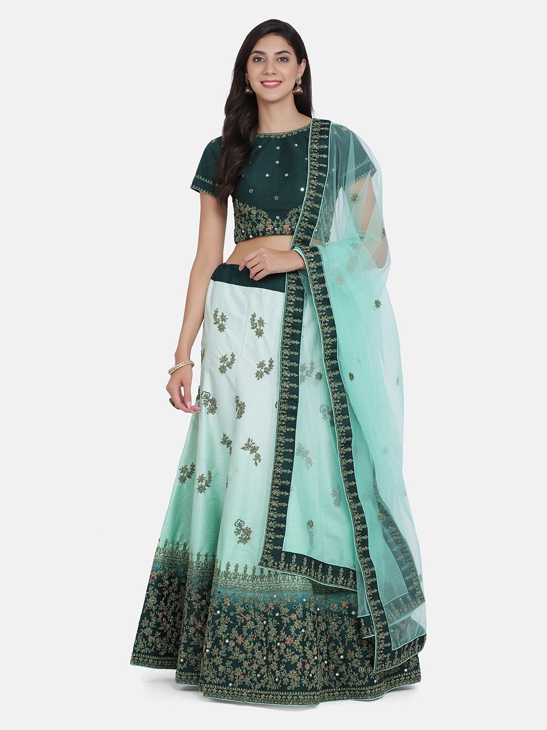 

HRITIKA Floral Embroidered Semi-Stitched Lehenga & Unstitched Blouse With Dupatta, Green