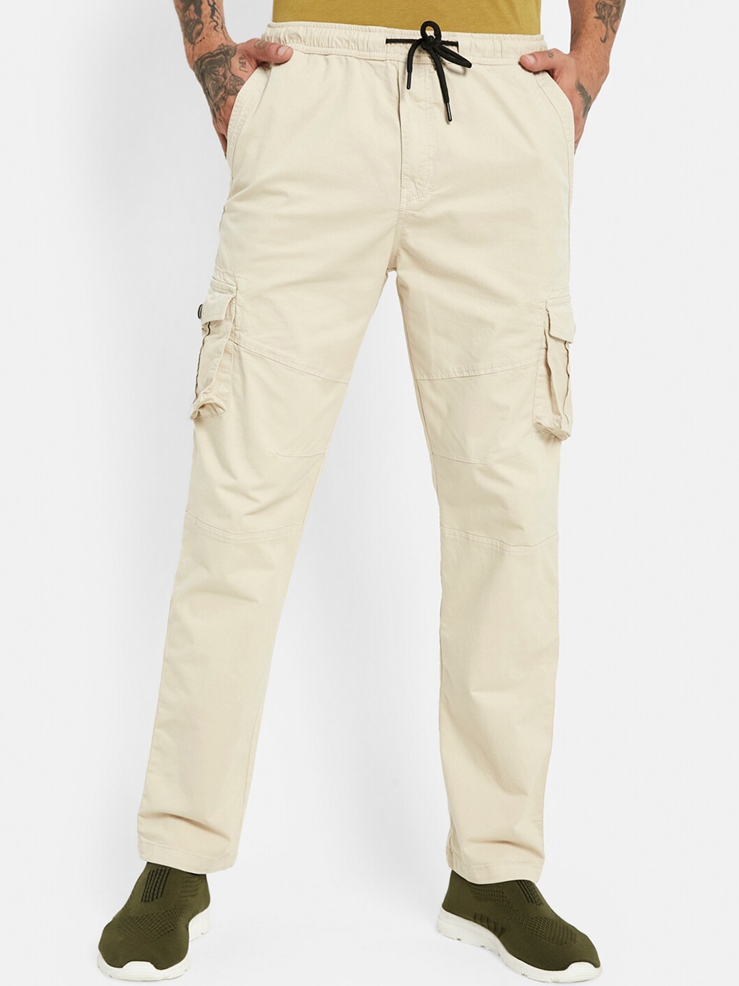 

Octave Men Mid-Rise Plain Cotton Cargos, Cream