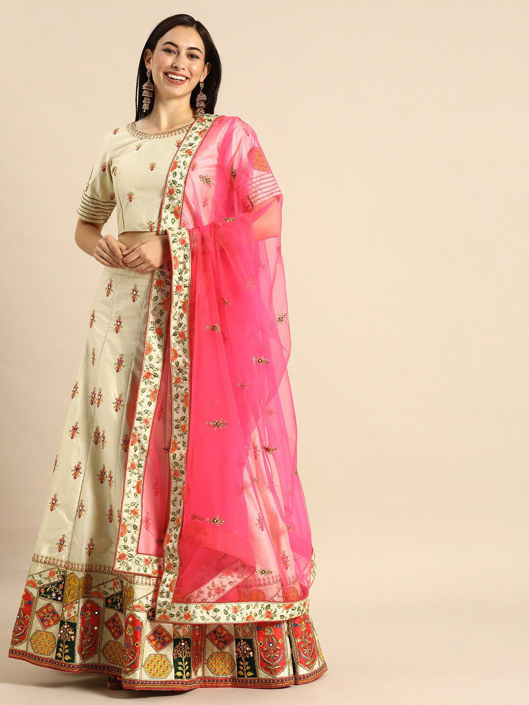 

Shaily Embroidered Thread Work Semi-Stitched Lehenga & Unstitched Blouse With Dupatta, Cream