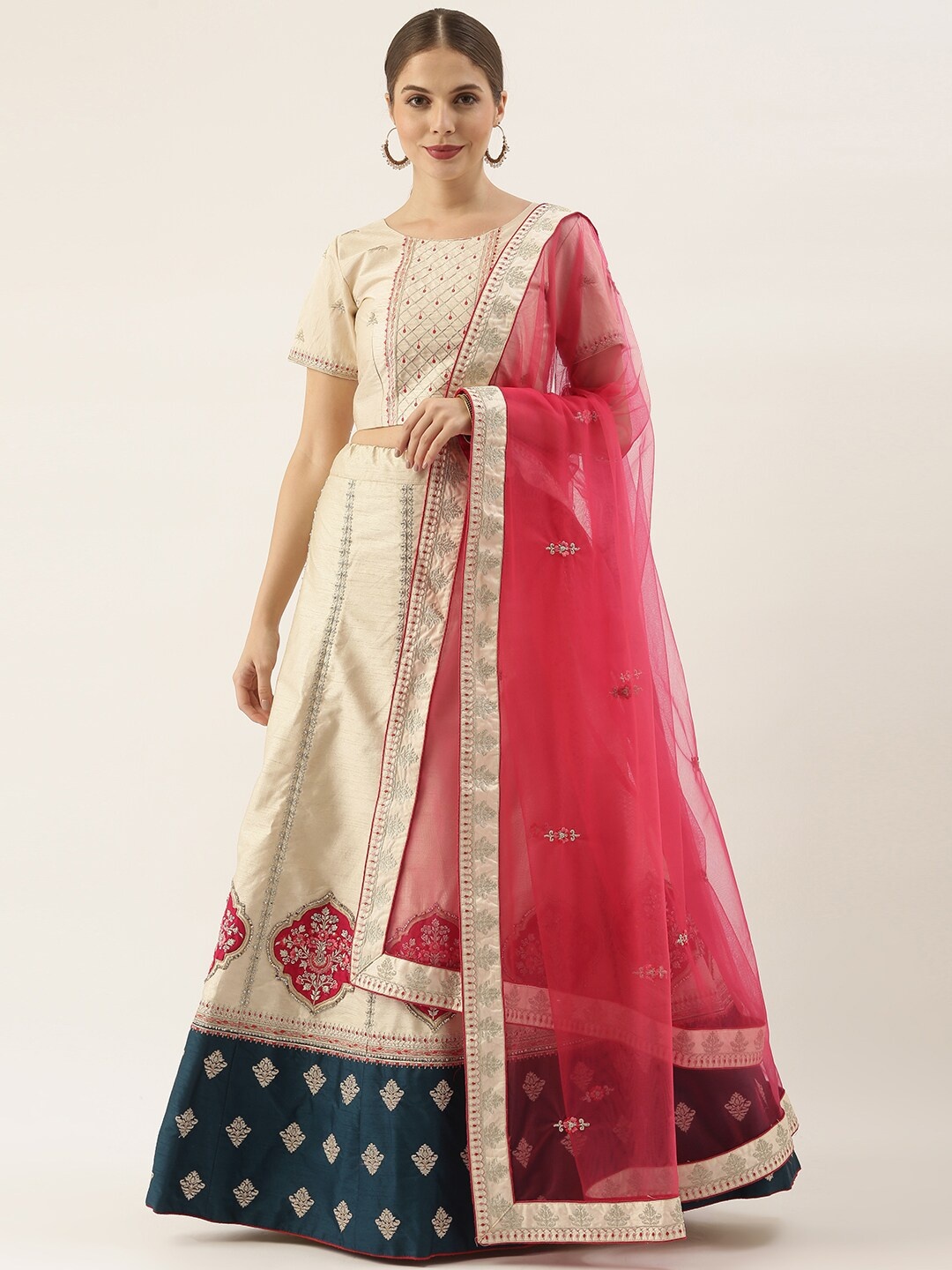 

Shaily Embroidered Semi-Stitched Lehenga & Unstitched Blouse With Dupatta, Cream