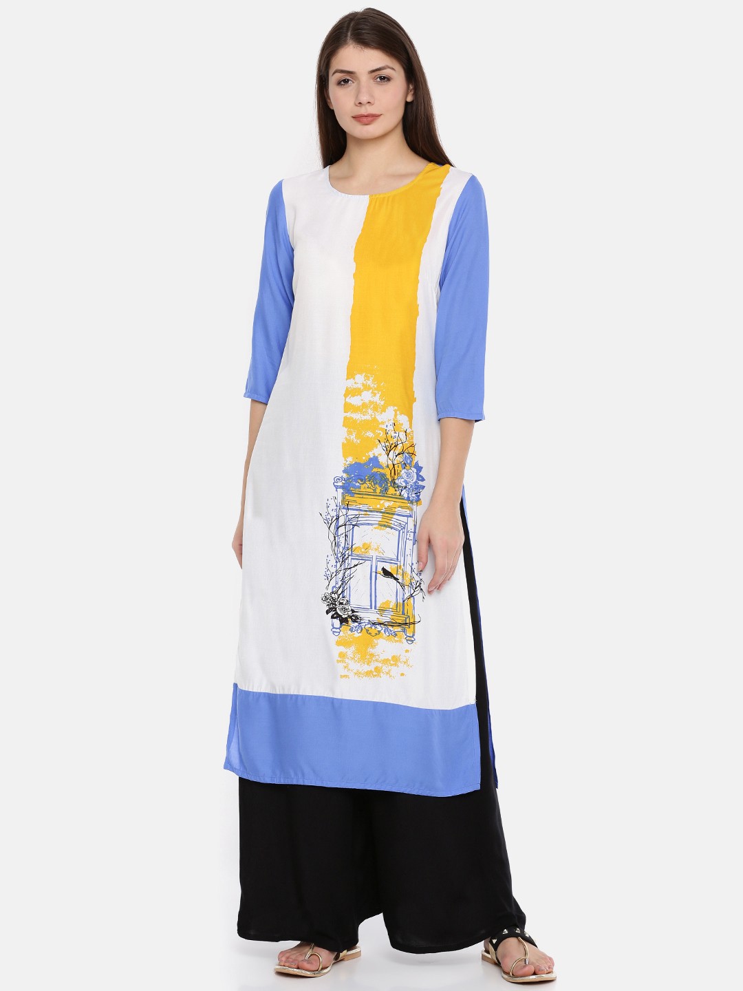 

RANGMANCH BY PANTALOONS Women Off-White & Blue Colourblocked Straight Kurta