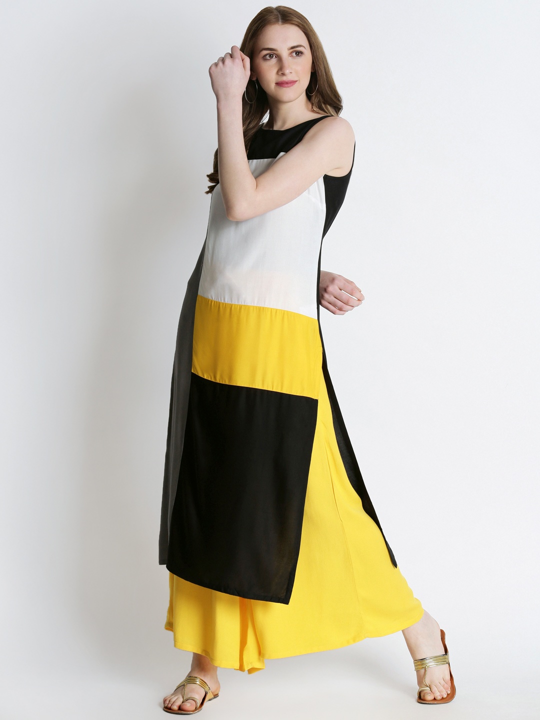 

RANGMANCH BY PANTALOONS Women Black & Yellow Colourblocked Straight Kurta