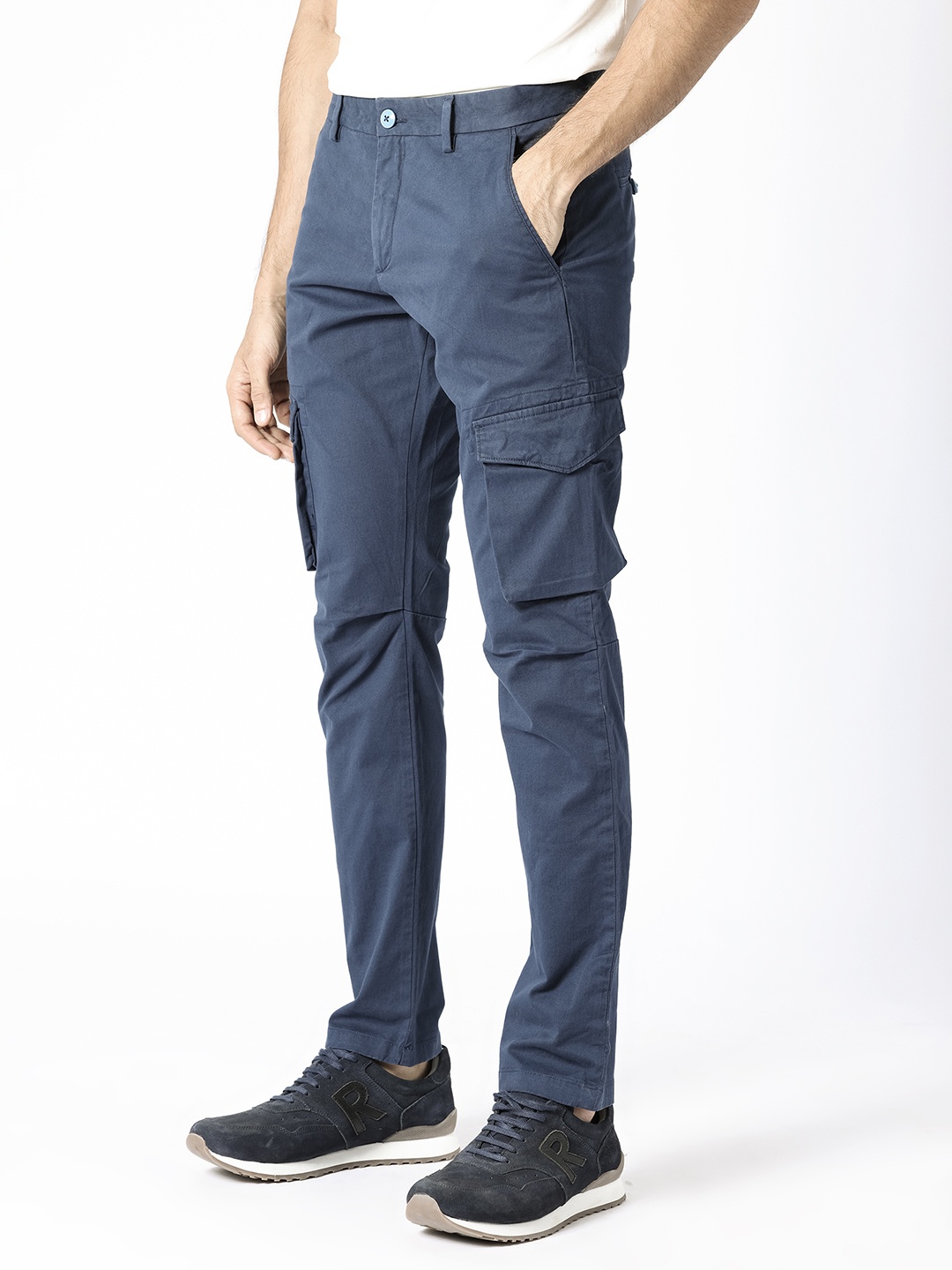 

RARE RABBIT Men Celu Mid-Rise Slim Fit Cotton Cargo Trouser, Navy blue