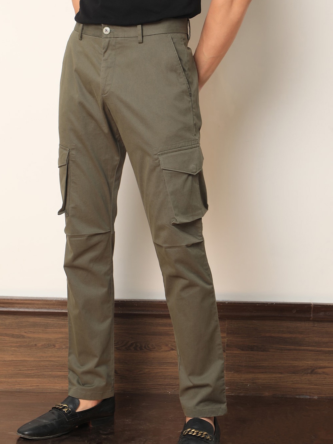 

RARE RABBIT Men Celu Mid-Rise Slim Fit Cotton Cargo Trouser, Olive