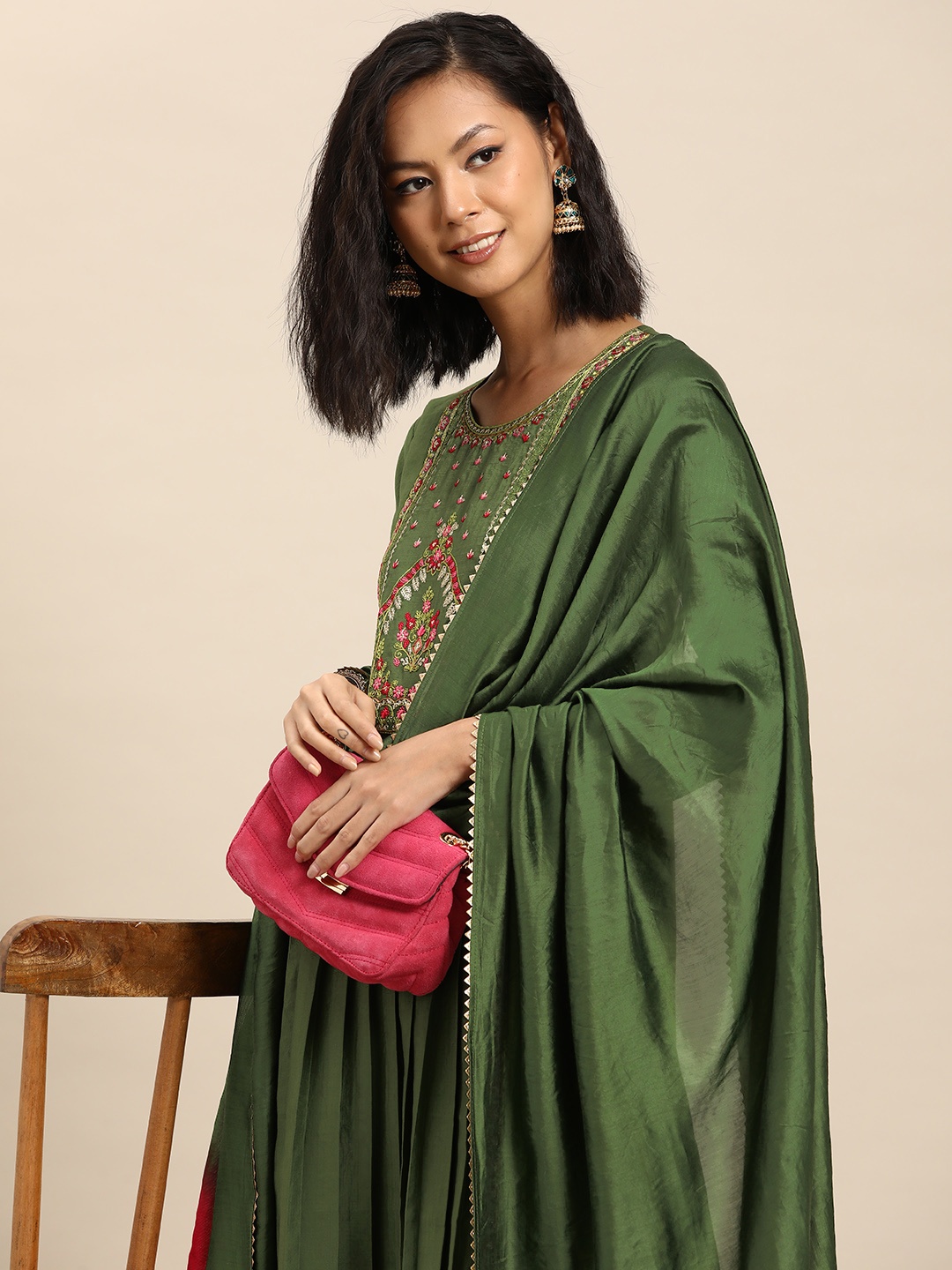 

Sangria Women Embroidered Yoke Design Kurta With Trousers & Dupatta, Green