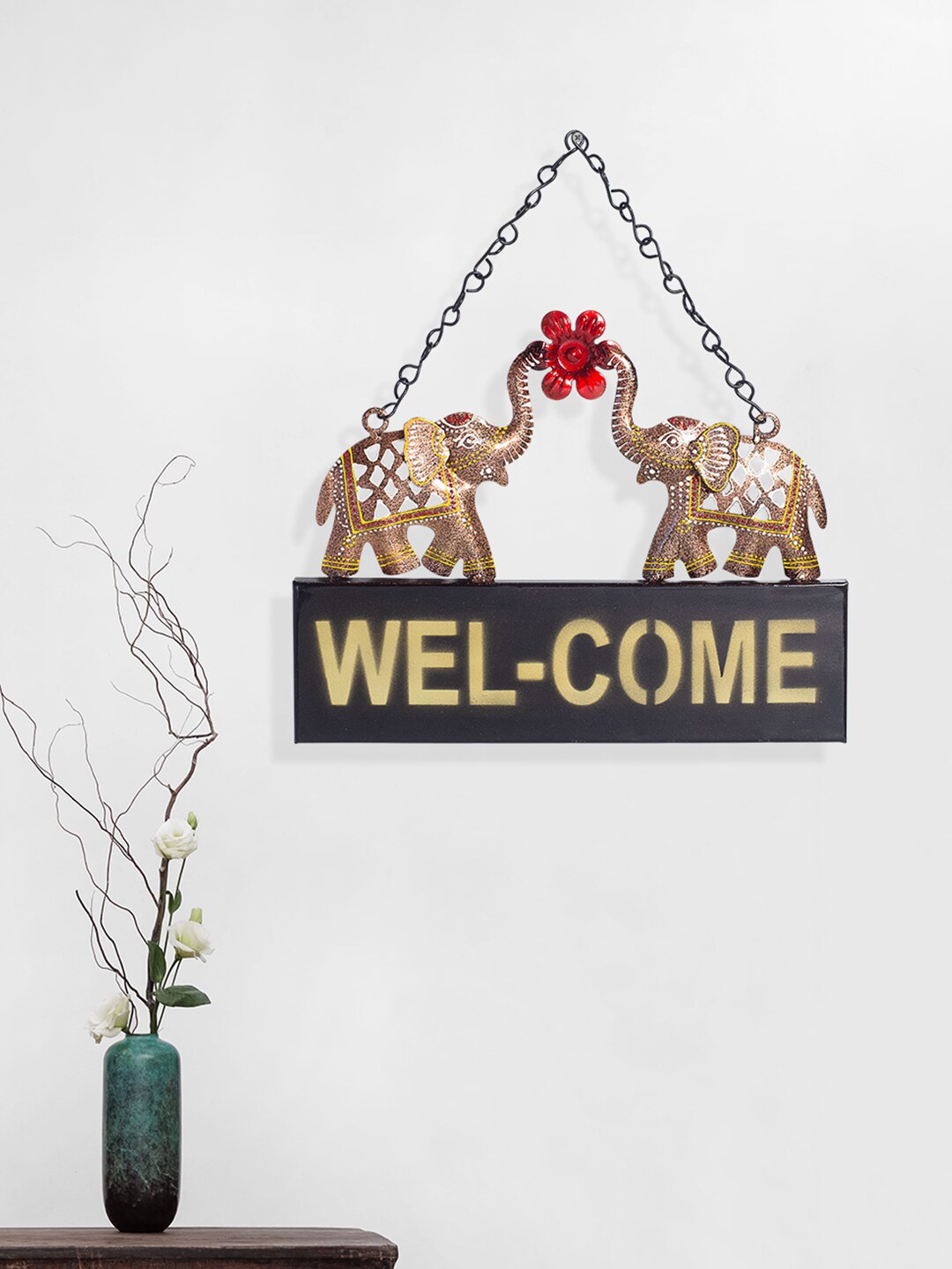 

Golden Peacock Black Welcome Message Elephant Metal Wall Hangings, Gold