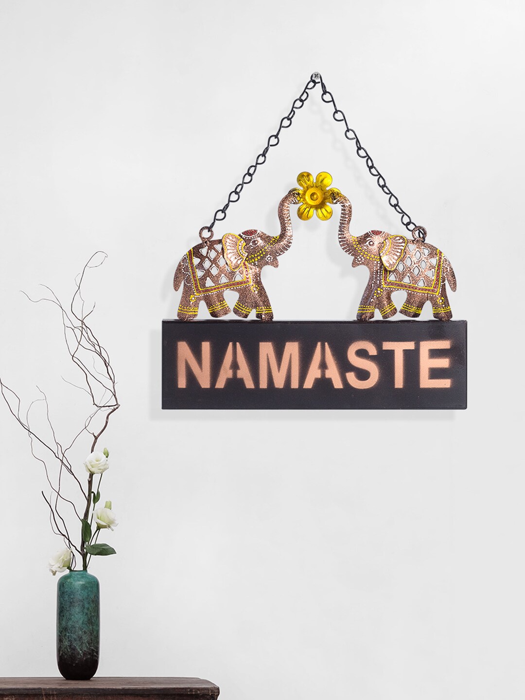 Golden Peacock Black Namaste Message Textured Elephant Wall Decor, Gold