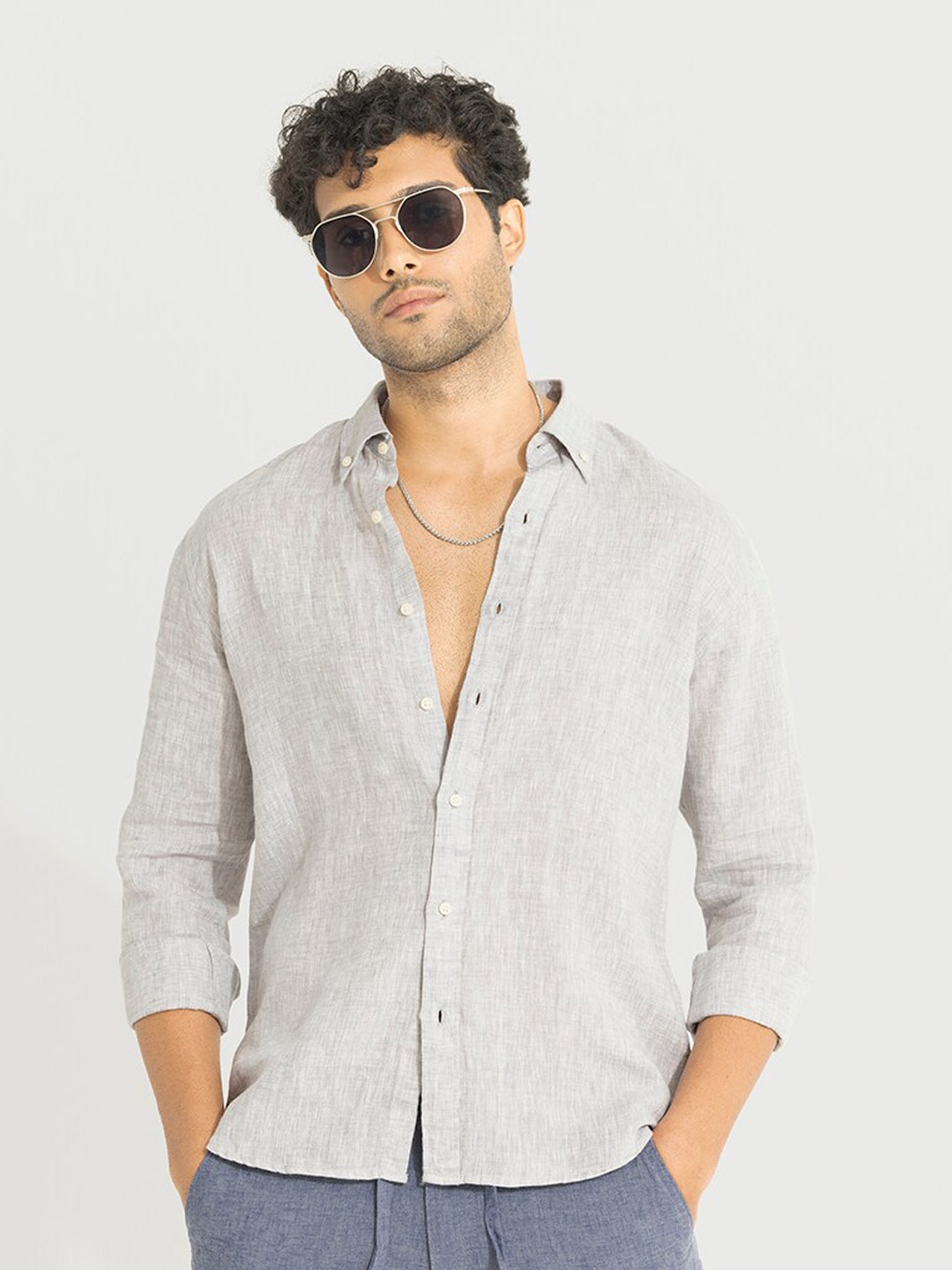 

Snitch Grey Classic Slim Fit Linen Casual Shirt