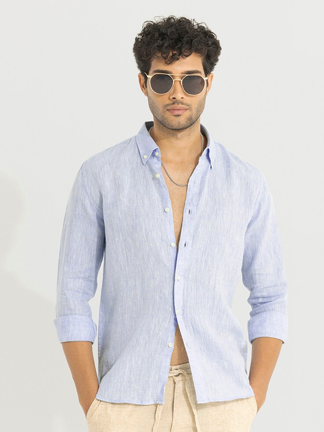 

Snitch Blue Classic Slim Fit Cotton Linen Shirt