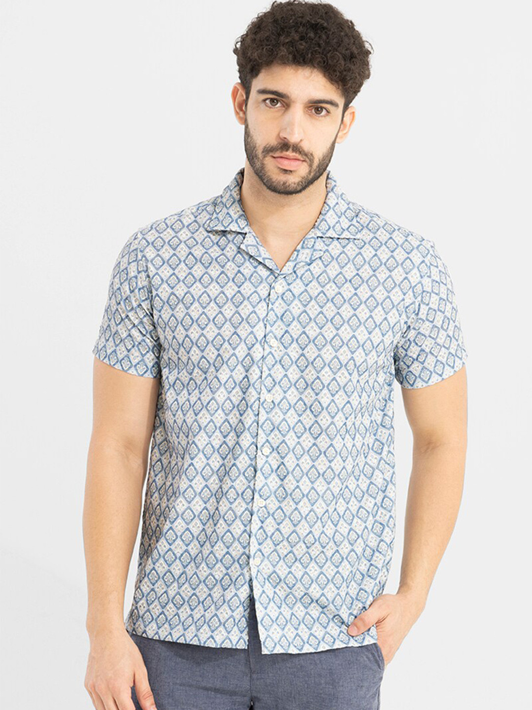 

Snitch Blue Classic EthnicPrinted Cotton Casual Shirt