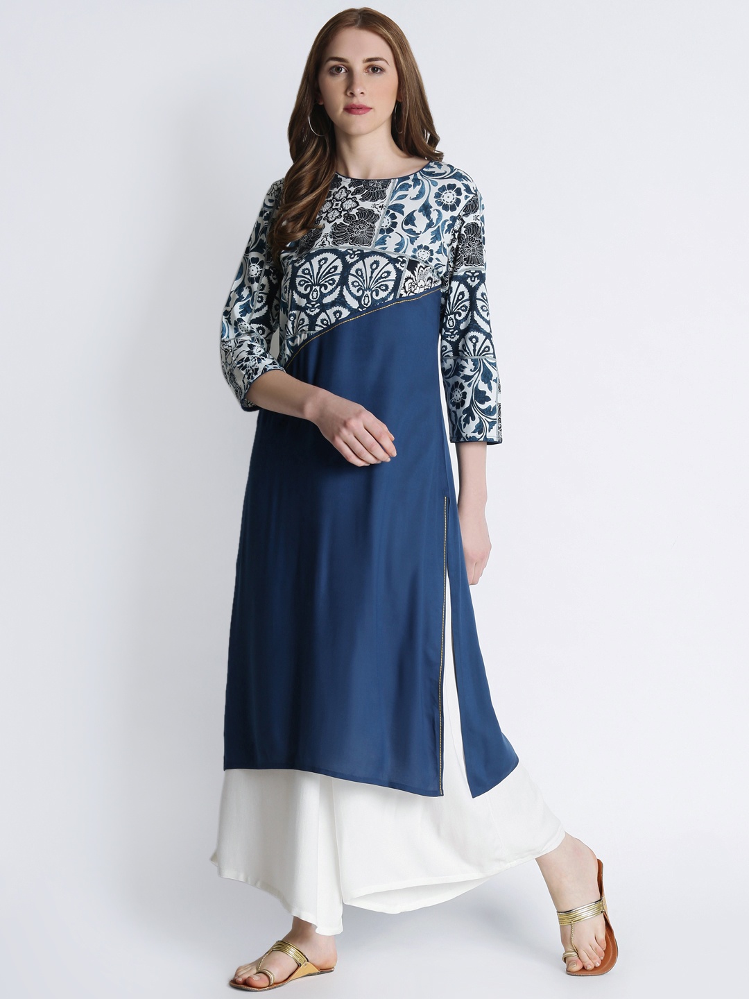 

RANGMANCH BY PANTALOONS Women Blue & White Yoke Design Straight Kurta