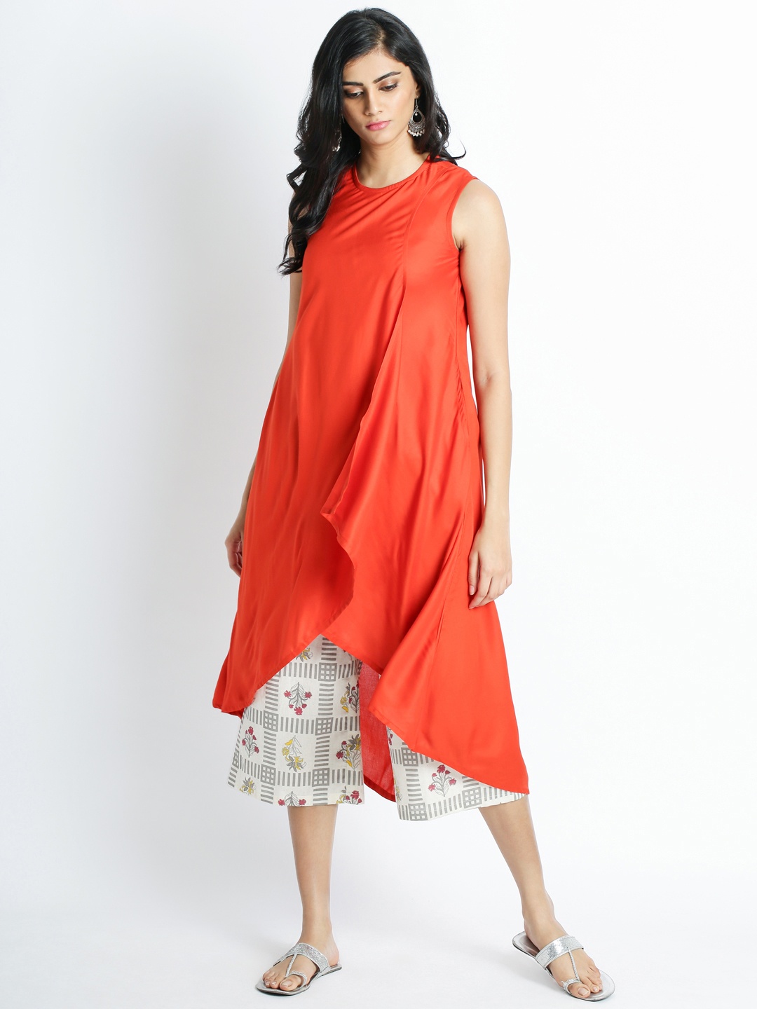 

RANGMANCH BY PANTALOONS Women Rust Orange Solid Asymmetrical Hem A-Line Kurta