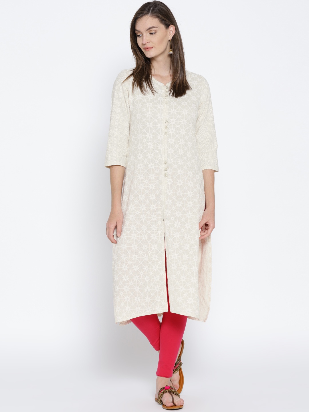 

RANGMANCH BY PANTALOONS Women Off-White Printed Straight Kurta, Beige