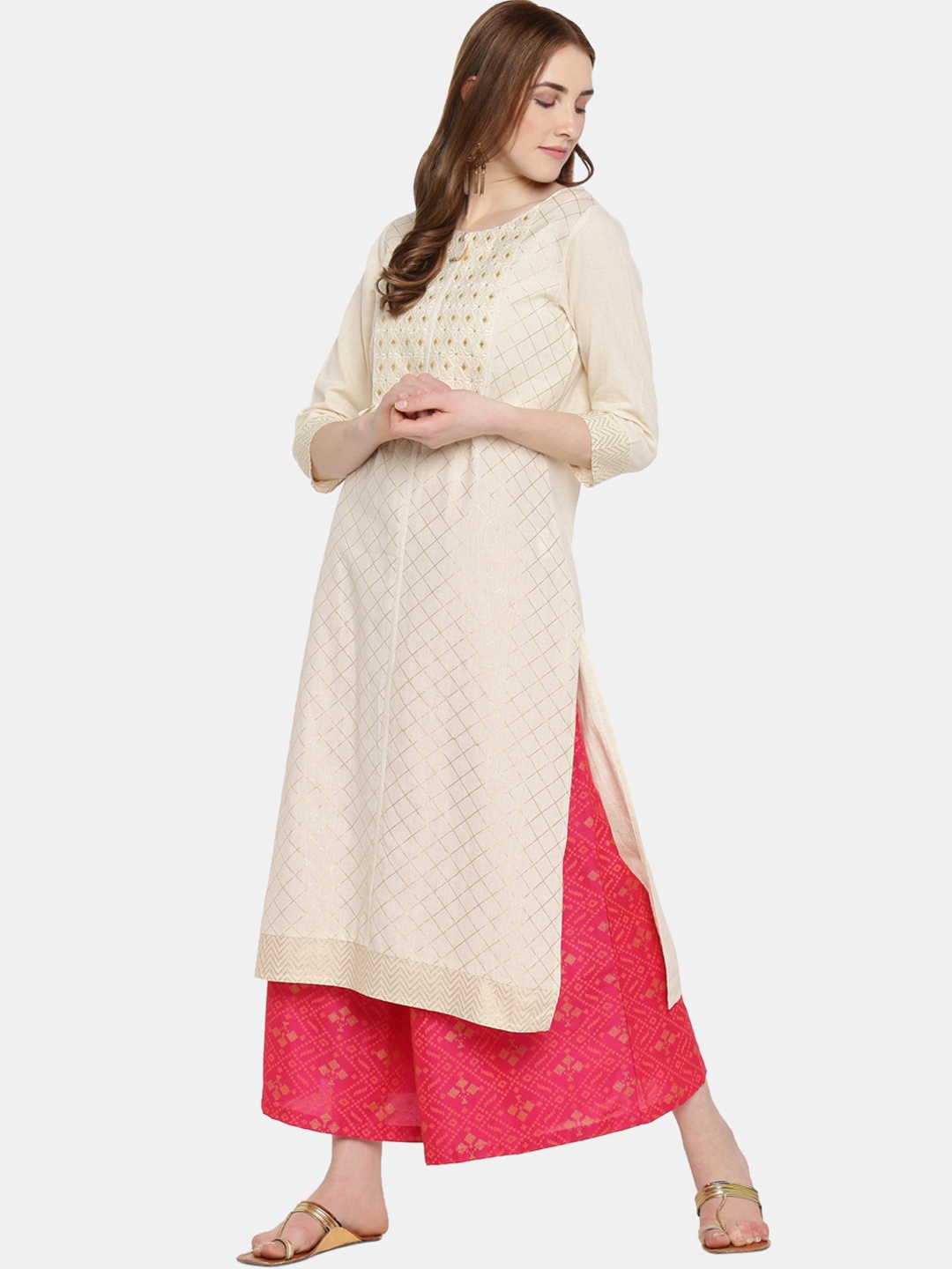

RANGMANCH BY PANTALOONS Women Off-White Embroidered Straight Kurta