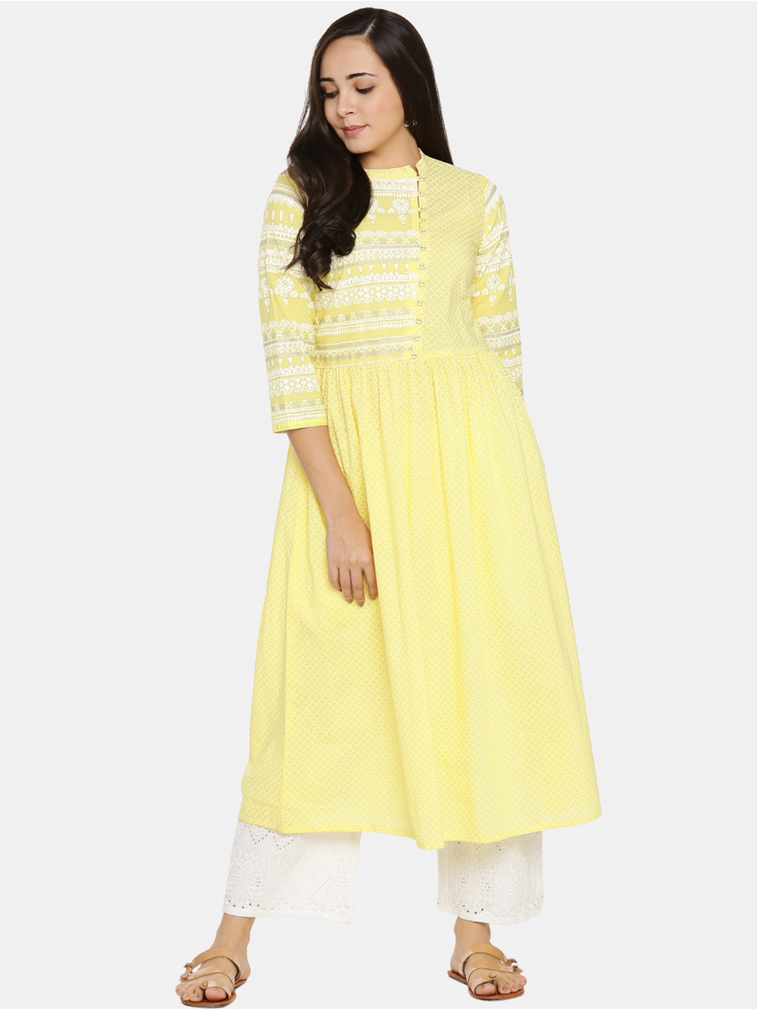 

RANGMANCH BY PANTALOONS Women Yellow & White Printed A-Line Kurta