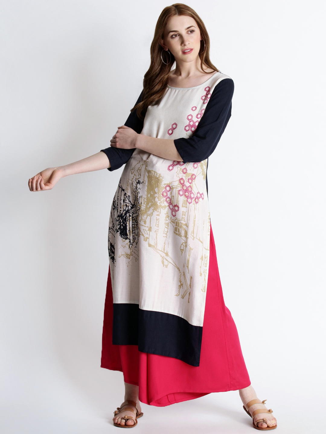

RANGMANCH BY PANTALOONS Women Beige & Navy Blue Printed A-Line Kurta