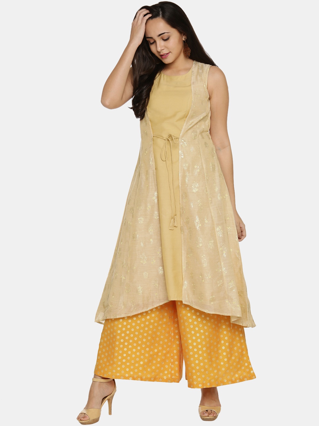 

RANGMANCH BY PANTALOONS Women Gold-Toned Printed A-Line Layered Kurta