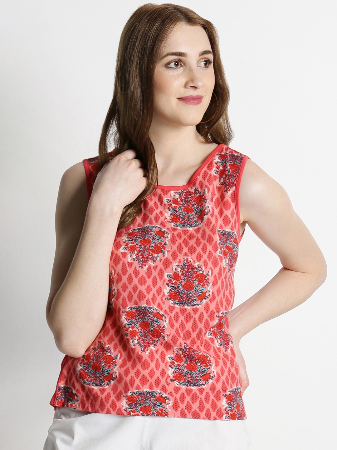 

AKKRITI BY PANTALOONS Women Coral Red Block Printed Top