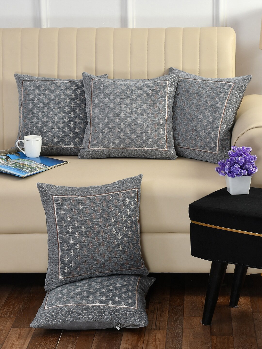 

DECOMIZER Grey & Silver-Toned 5 Pieces Ethnic Motifs Jacquard Square Cushion Covers