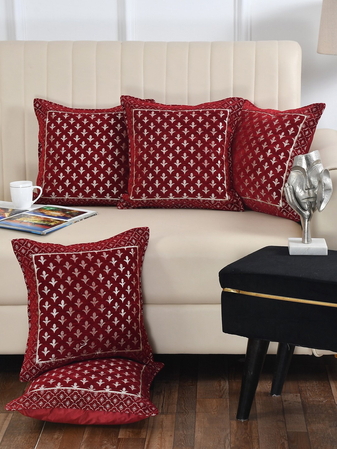 

DECOMIZER Maroon & Gold-Toned 5 Pieces Ethnic Motifs Jacquard Square Cushion Covers