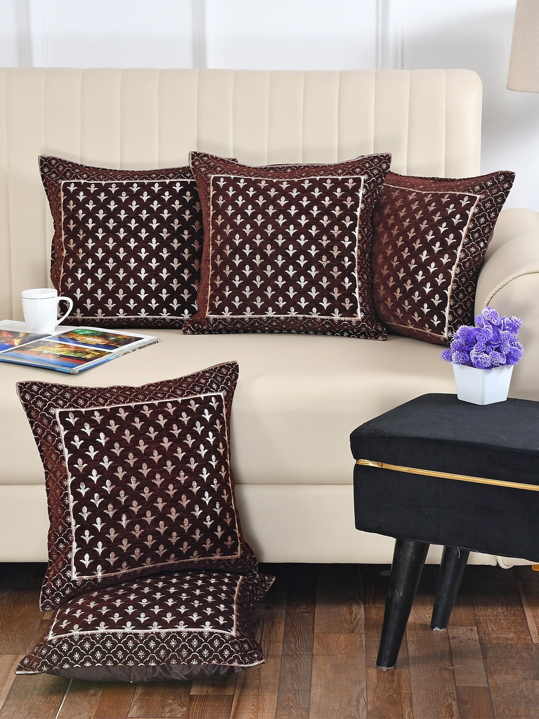 

DECOMIZER Coffee Brown & Gold-Toned 5 Pieces Ethnic Motifs Jacquard Square Cushion Covers