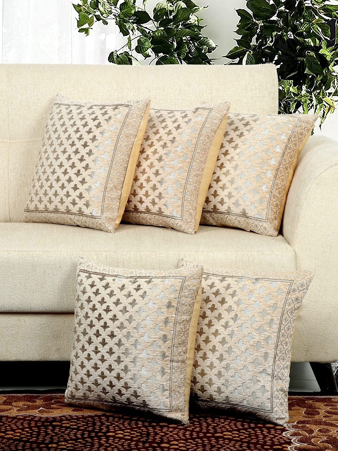 

DECOMIZER Beige & Silver-Toned 5 Pieces Ethnic Motifs Jacquard Square Cushion Covers