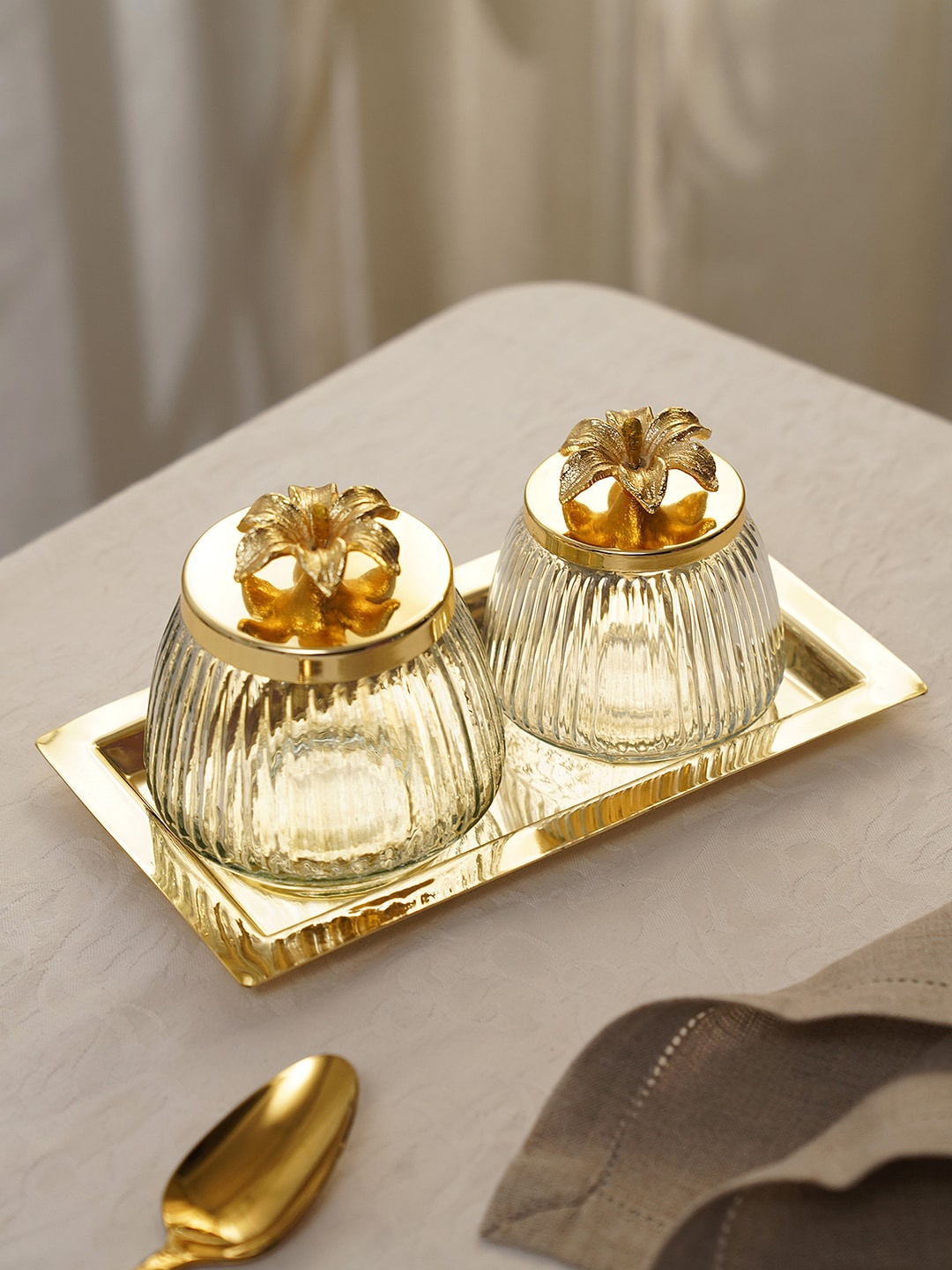 

Pure Home and Living Gold Toned & Transparent 3 Pieces Jars With Lid & Tray