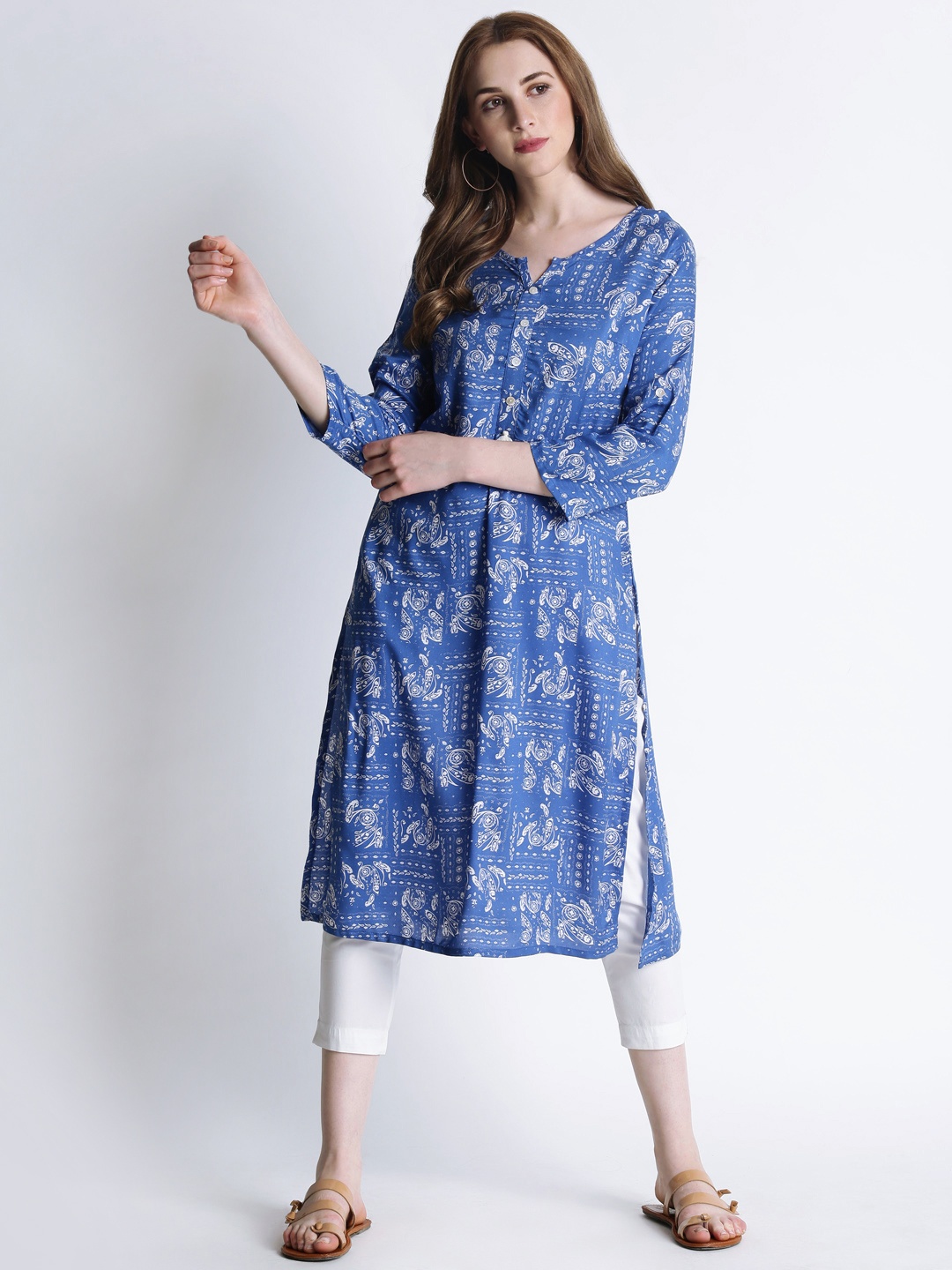 

AKKRITI BY PANTALOONS Women Blue Printed A-Line Kurta