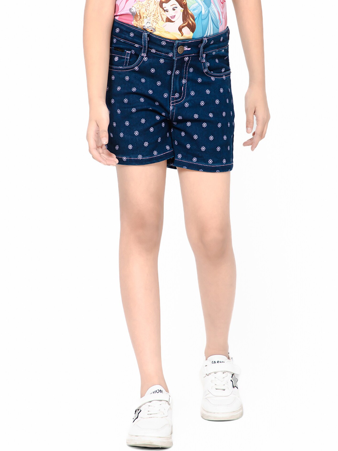

Bodycare Kids Girls Printed Denim Shorts, Navy blue