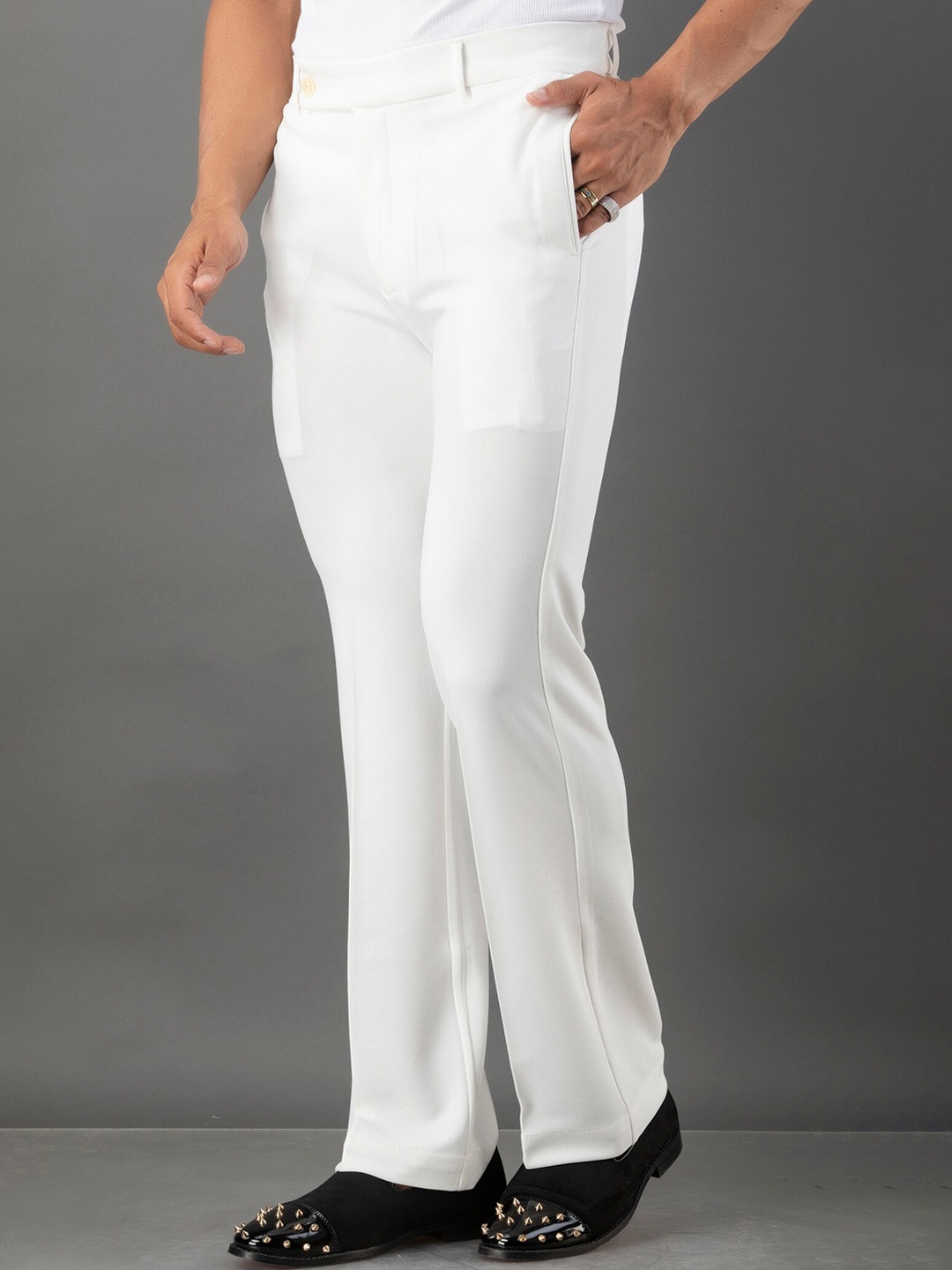 

QAROT MEN Men Flared High-Rise Plain Lycra Formal Trousers, White