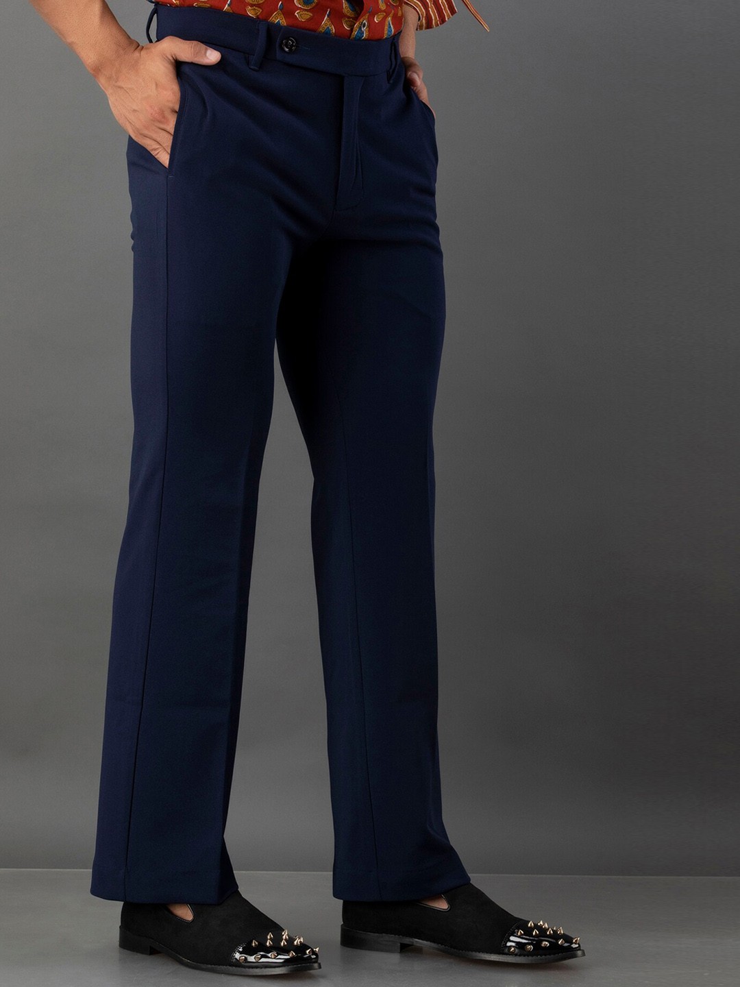 

QAROT MEN Men Flared High-Rise Plain Lycra Formal Trousers, Blue
