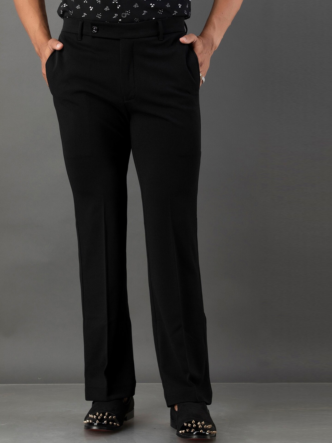 

QAROT MEN Men Flared High-Rise Plain Lycra Formal Trousers, Black