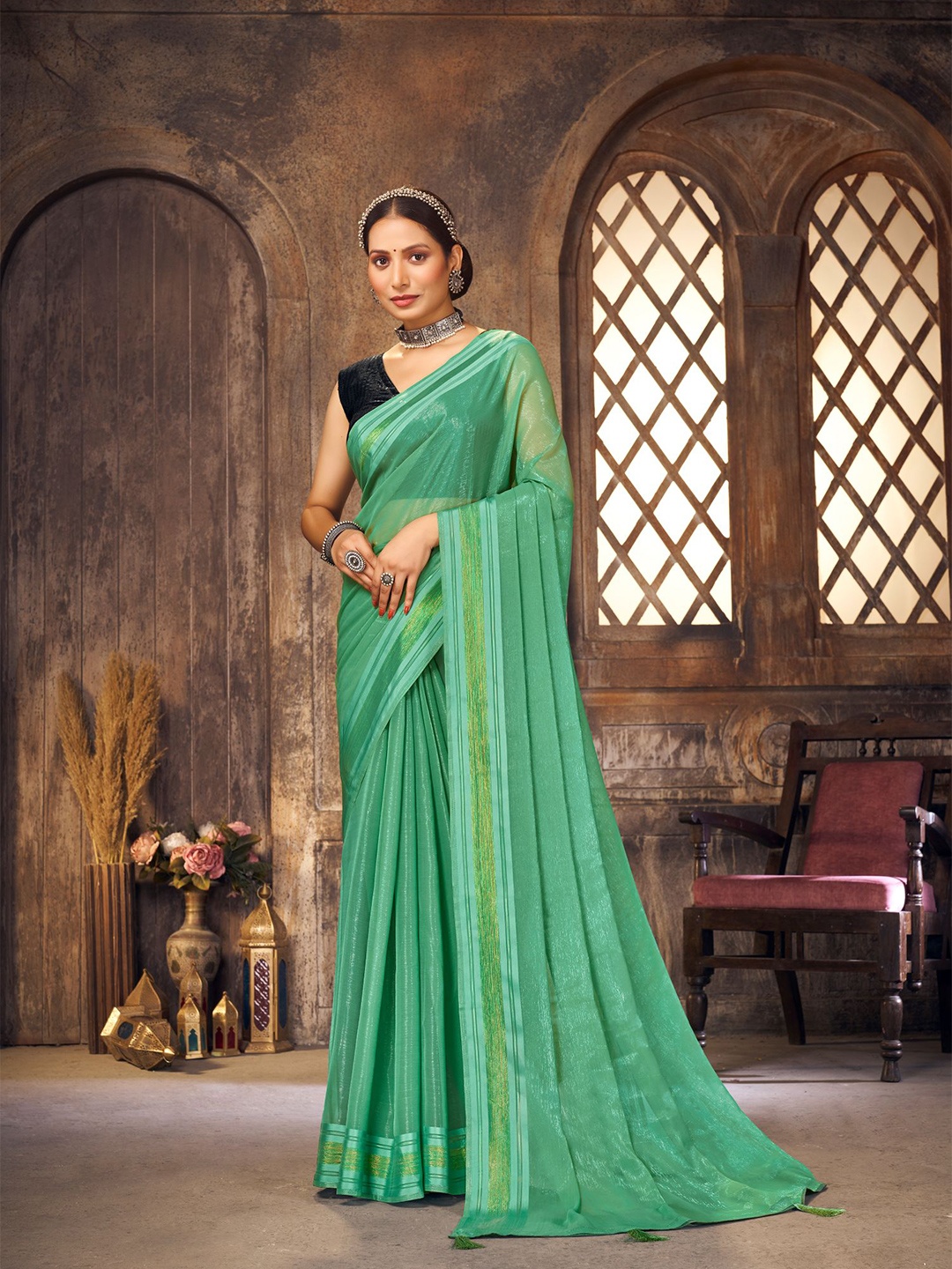 

FLOURIOUS Zari Pure Georgette Saree, Green