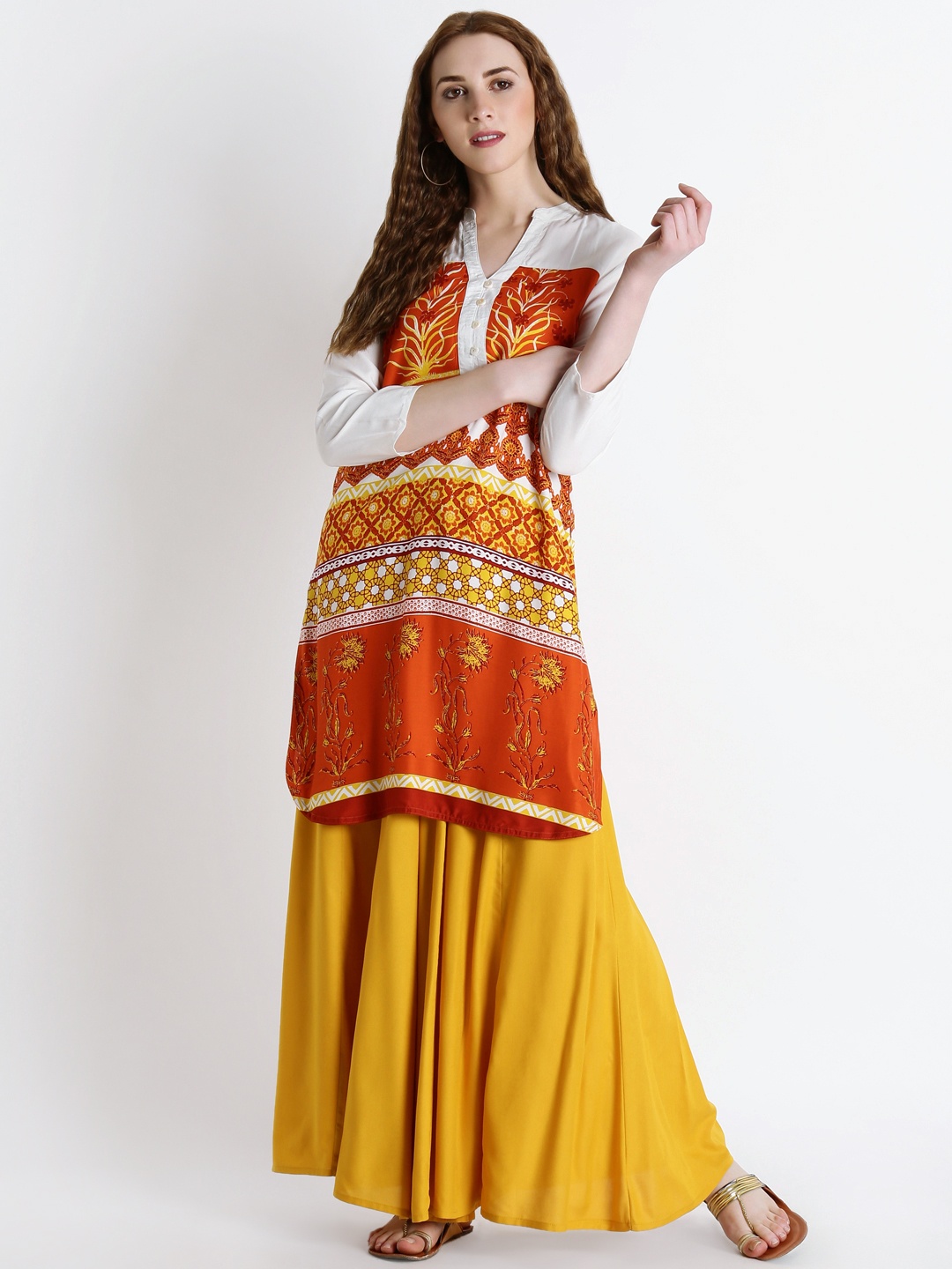 

AKKRITI BY PANTALOONS Women Orange & White Printed Straight Kurta