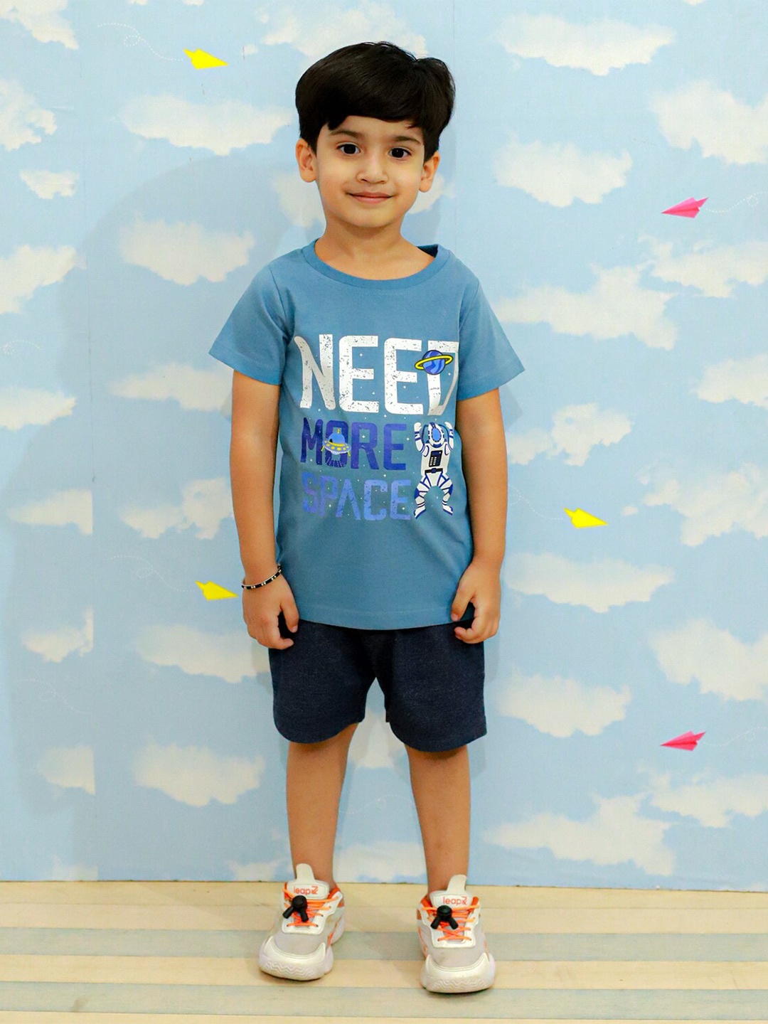 

The Mom Store Boys Typography Printed Pure Cotton T-shirt With Shorts, Blue