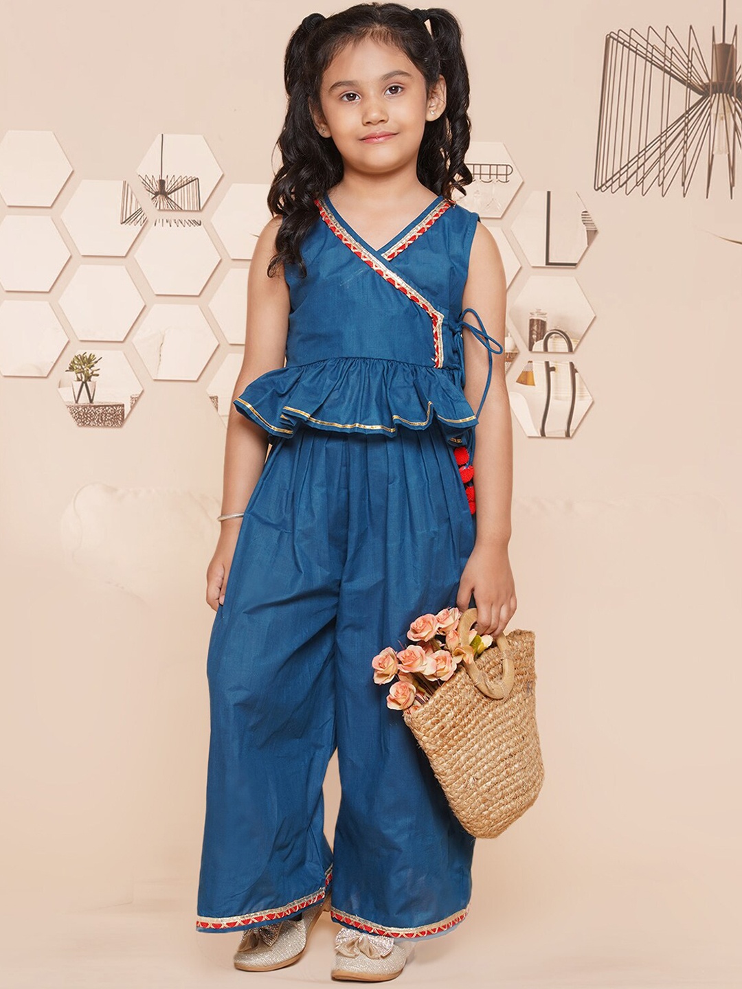 

Modish Couture Girls Sleeveless Pure Cotton Top With Palazzo, Blue