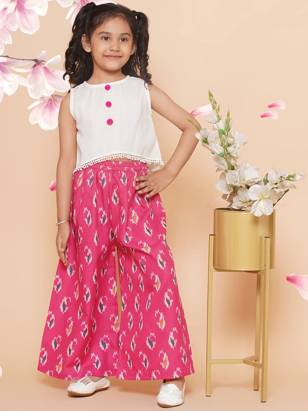 

Modish Couture Girls Ethnic Motifs Printed Pure Cotton Top With Palazzo, Off white