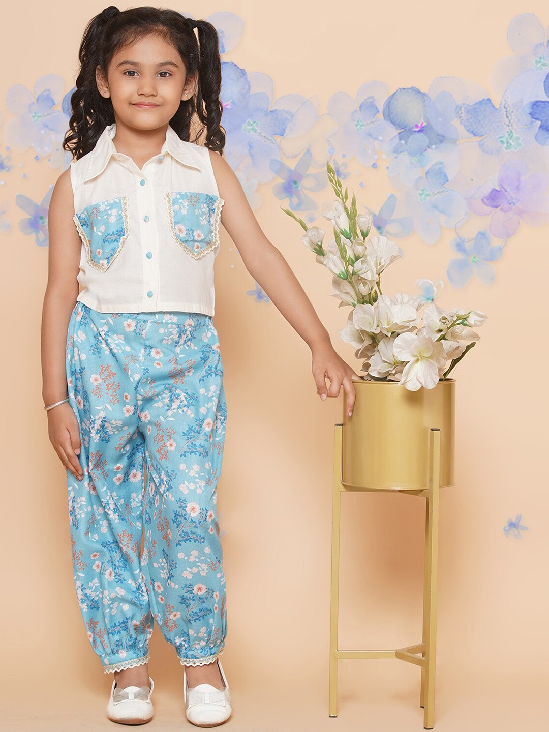 

Modish Couture Girls Pure Cotton Shirt with Floral Printed Salwar, Off white