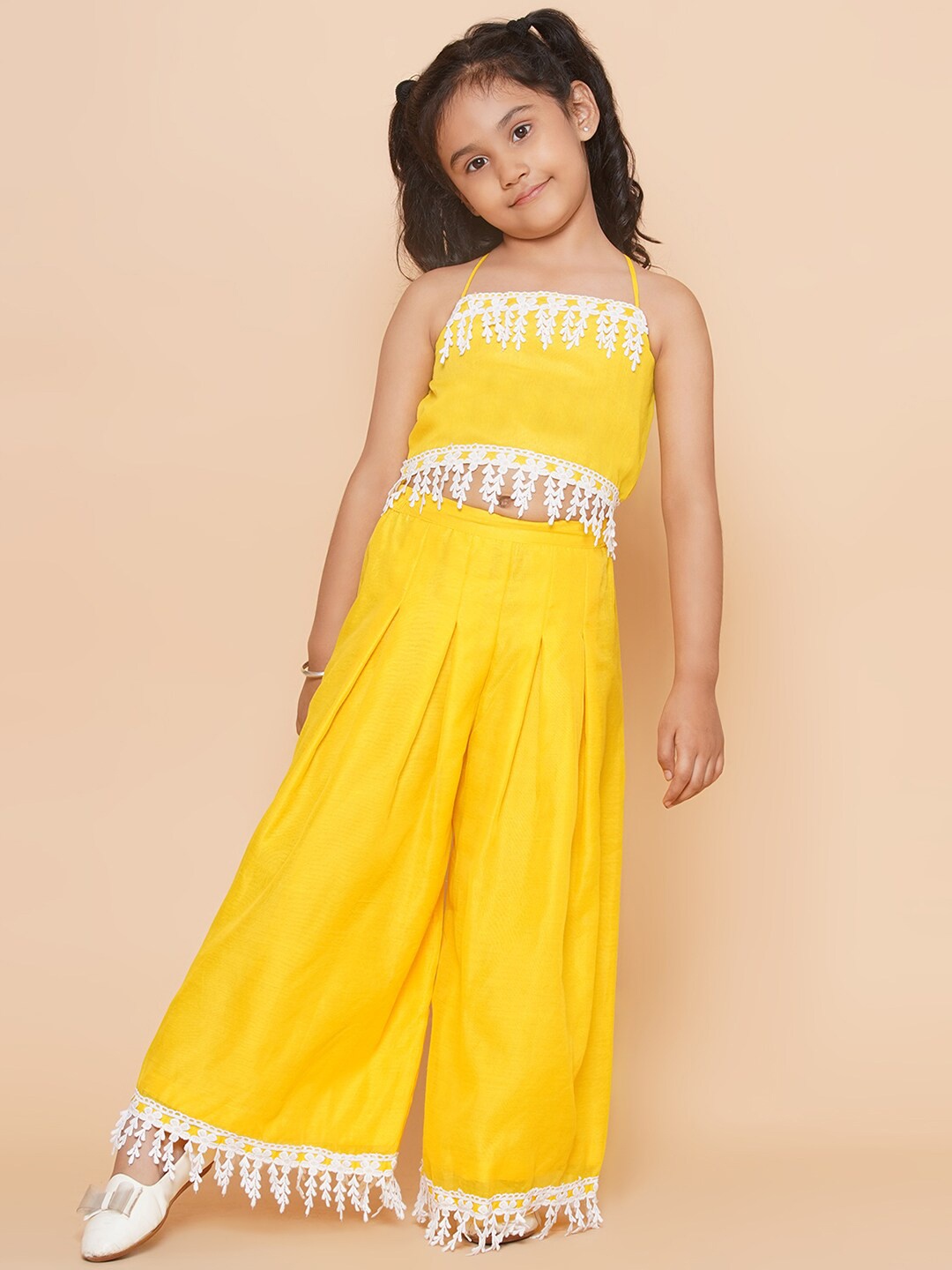 

Modish Couture Girls Shoulder Straps Pure Silk Crop Top With Palazzo, Yellow