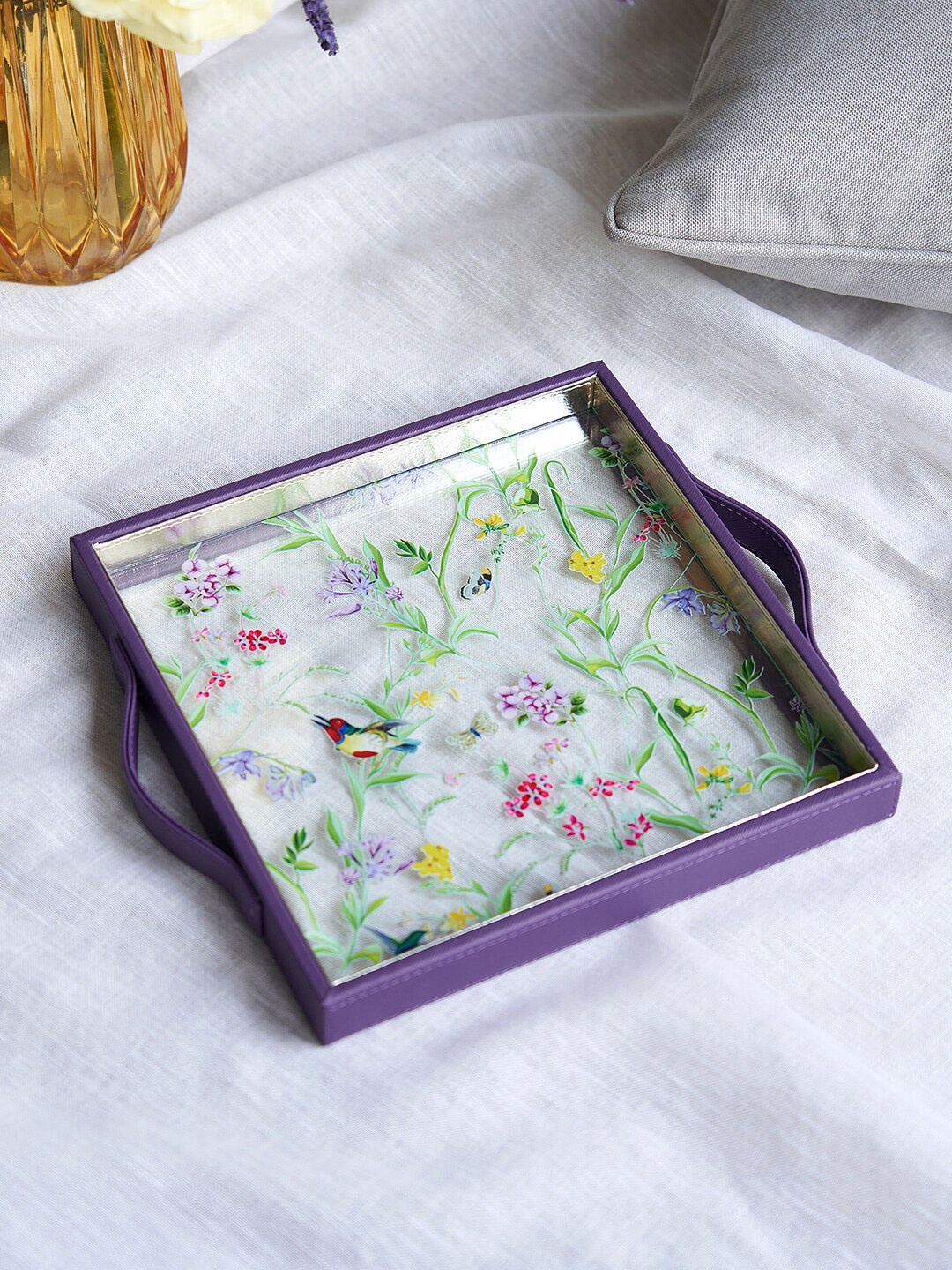 

Pure Home and Living Purple Floral Printed Square Tray