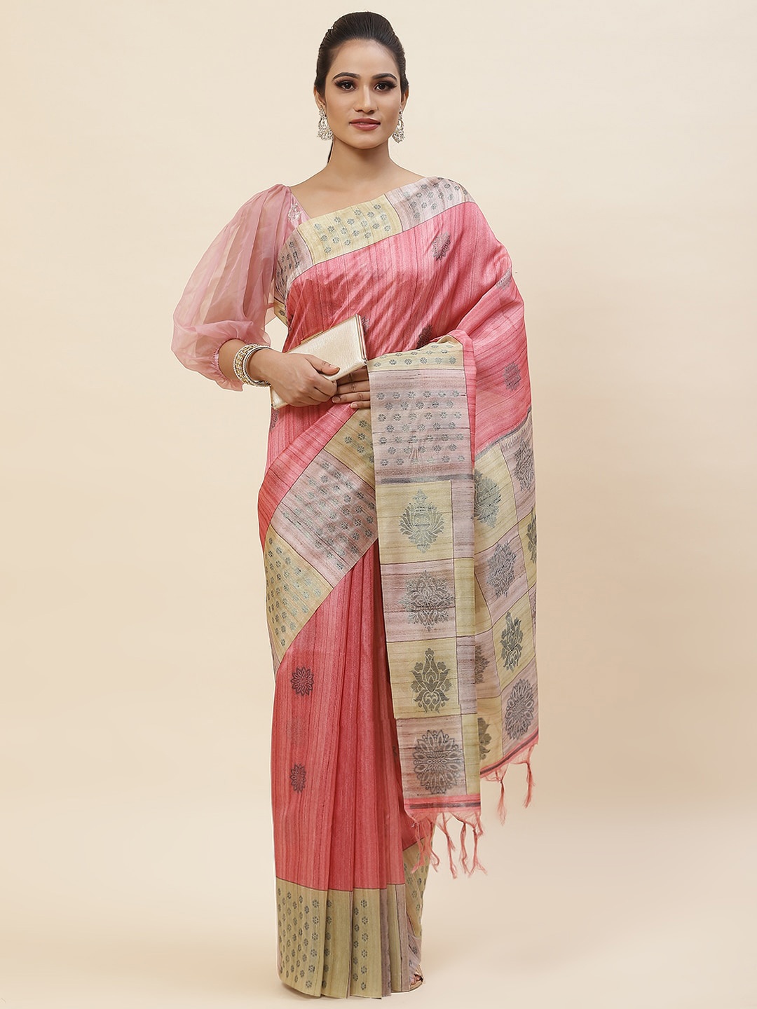 

Meena Bazaar Ethnic Motifs Woven Design Art Silk Tussar Saree, Pink