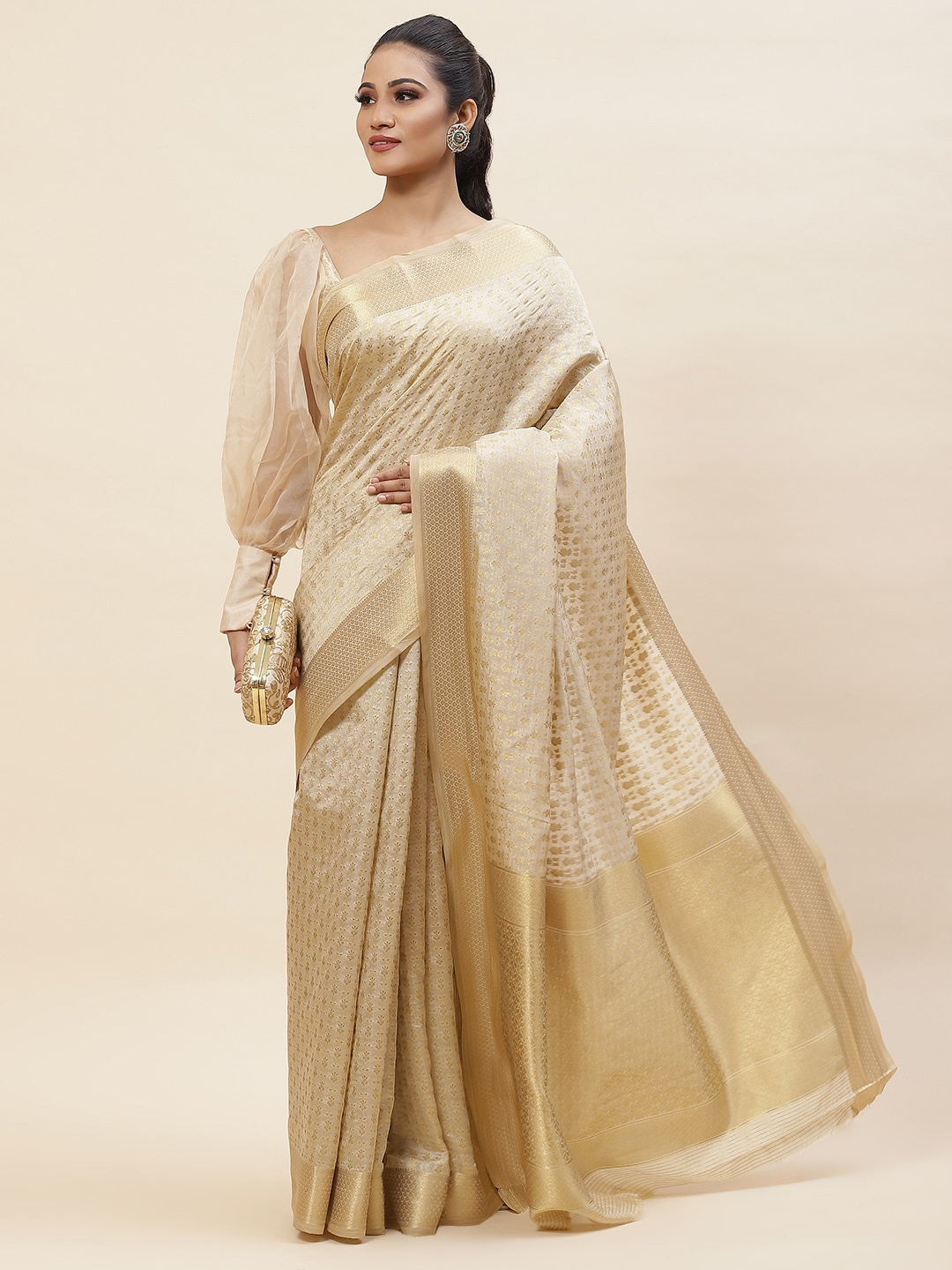 

Meena Bazaar Floral Woven Design Zari Art Silk Saree, Beige