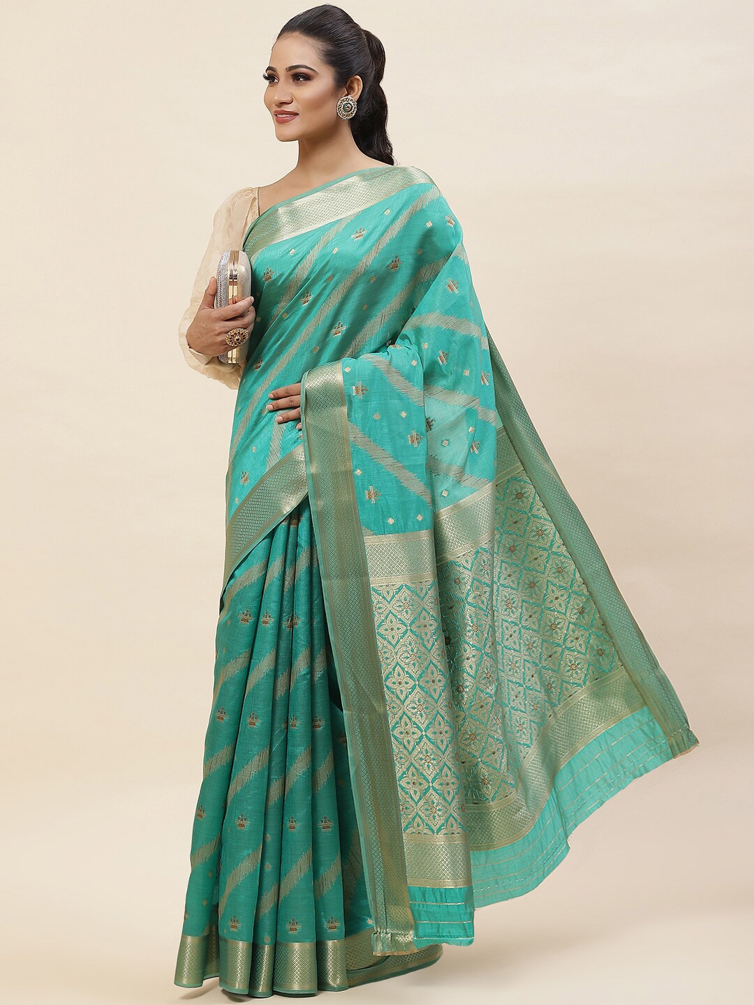

Meena Bazaar Ethnic Woven Design Zari Saree, Green