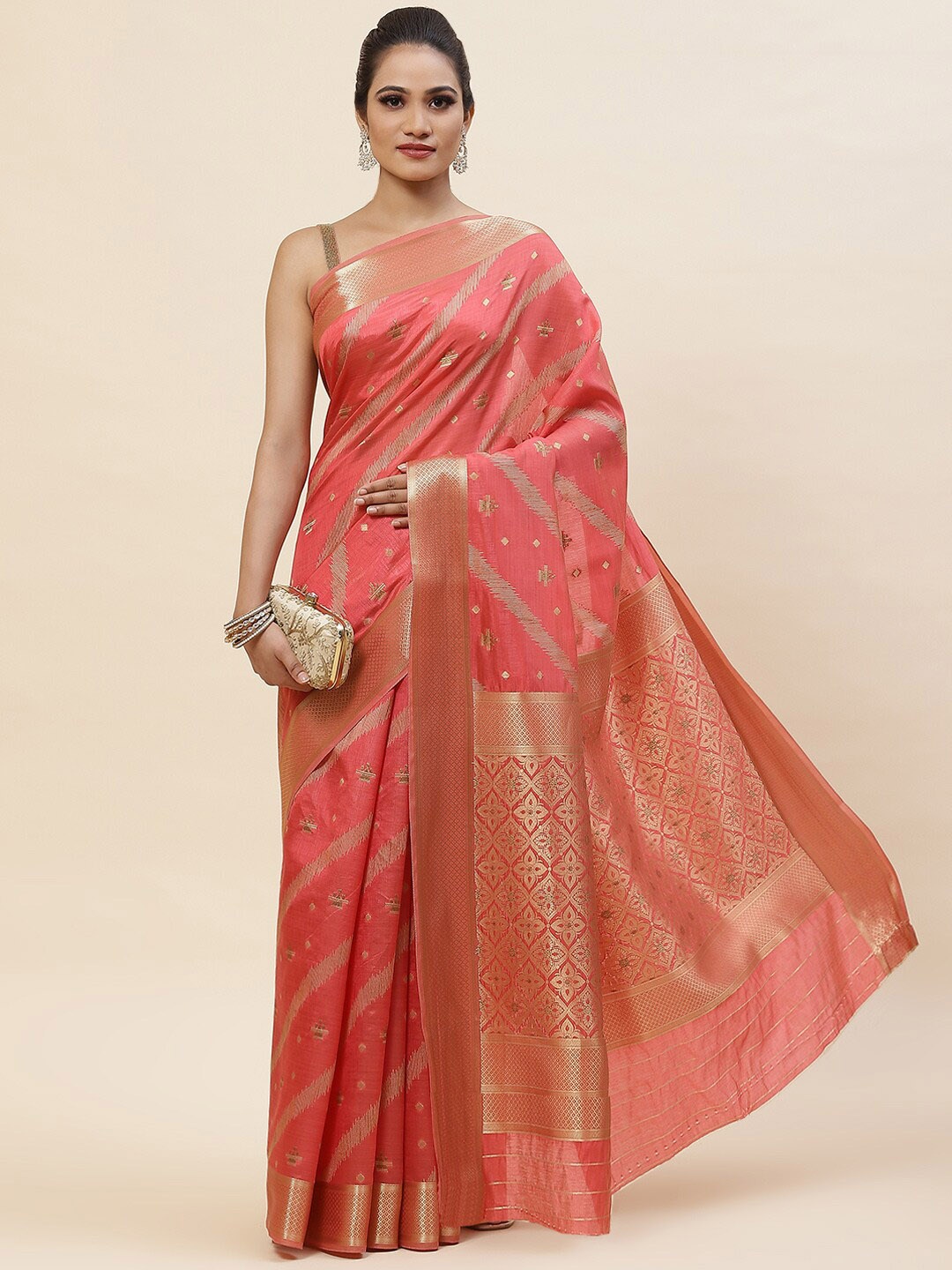 

Meena Bazaar Ethnic Motifs Woven Design Zari Saree, Peach