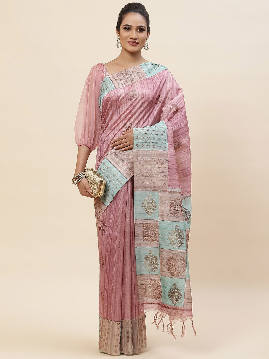 

Meena Bazaar Floral Woven Design Zari Tussar Saree, Purple