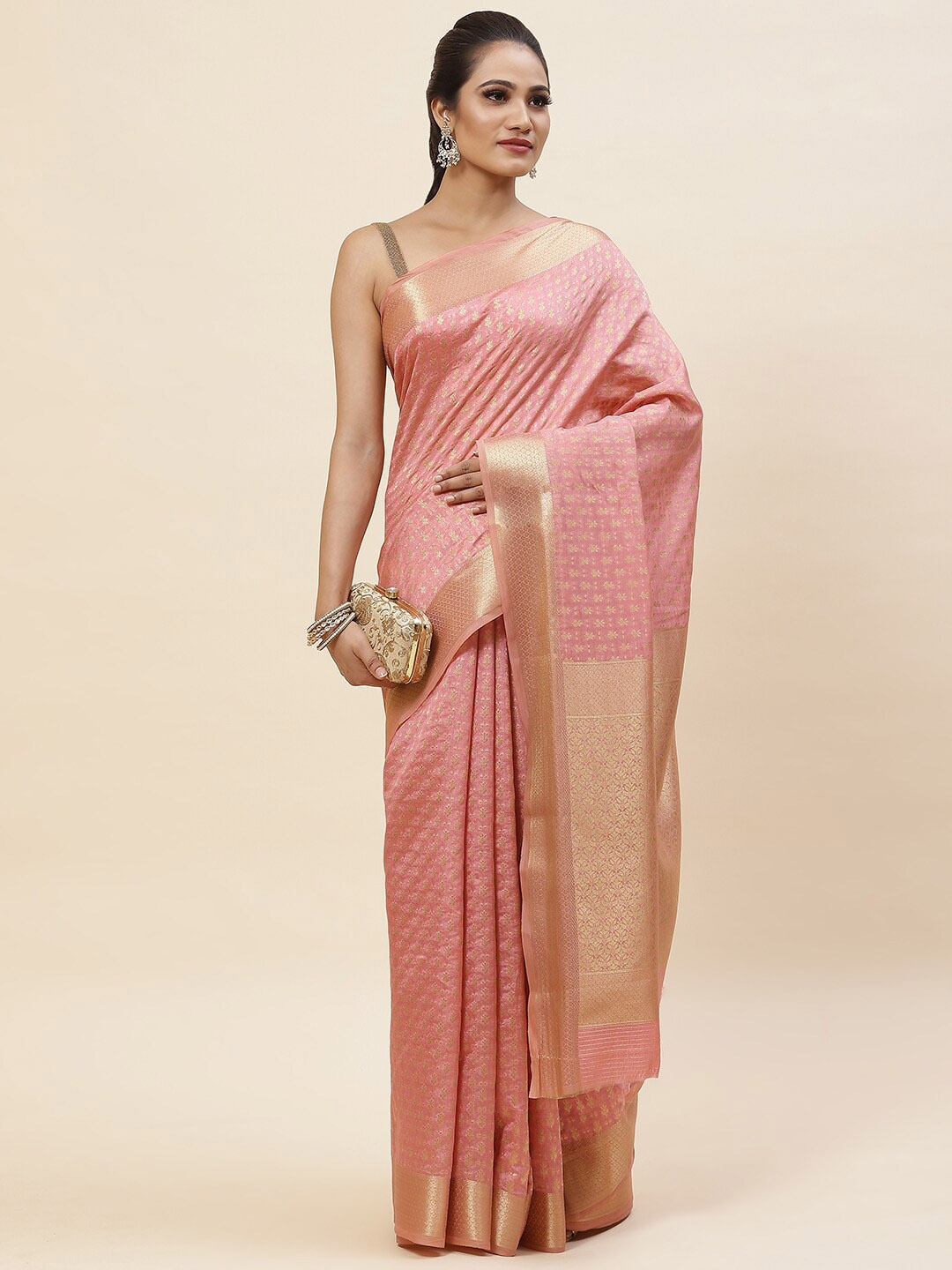 

Meena BazaarFloral Woven Design Zari Art Silk Saree, Pink